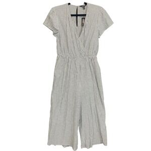 Express Jumpsuit Linen Blend Striped Wide Leg Crop Nautical Resort Vaca